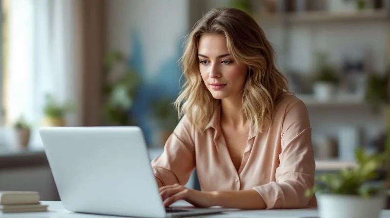 Frau am Laptop in einem modernen Home-Office in Witten lernt KI und Prozessautomatisierung